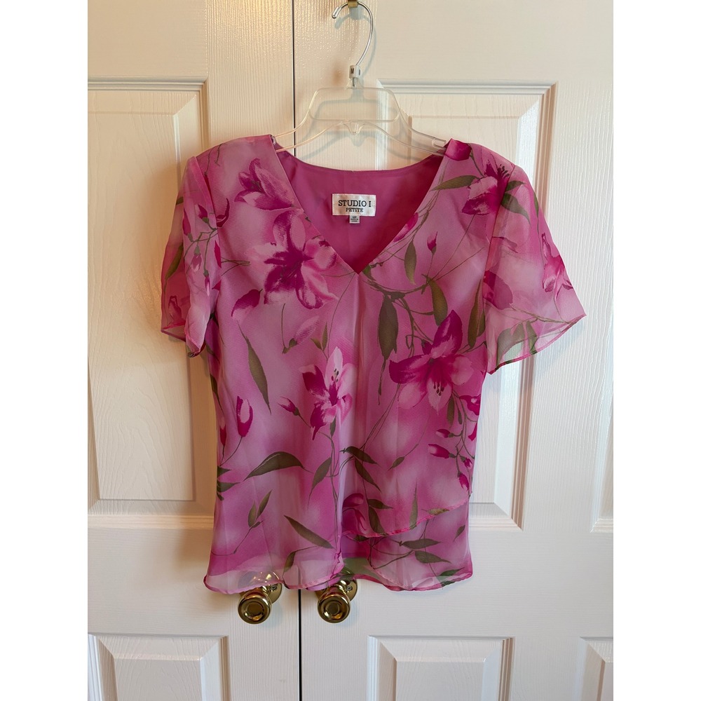 Studio I Petite Pink Floral Chiffon 2 Piece Skirt Set V-Neck Top Midi Skirt 12P